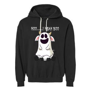 Moo I Mean Boo Ghost Cow Halloween Farmer Funny Gift Garment-Dyed Fleece Hoodie