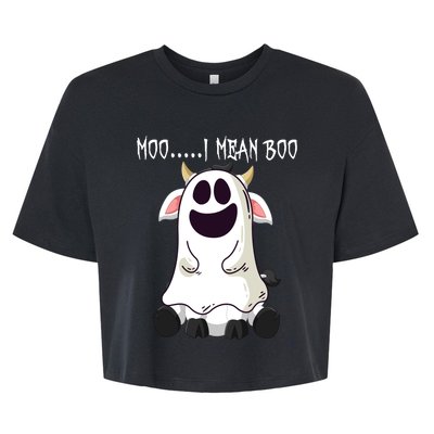 Moo I Mean Boo Ghost Cow Halloween Farmer Funny Gift Bella+Canvas Jersey Crop Tee