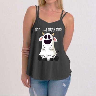 Moo I Mean Boo Ghost Cow Halloween Farmer Funny Gift Women's Strappy Tank