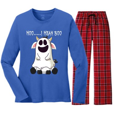 Moo I Mean Boo Ghost Cow Halloween Farmer Funny Gift Women's Long Sleeve Flannel Pajama Set 