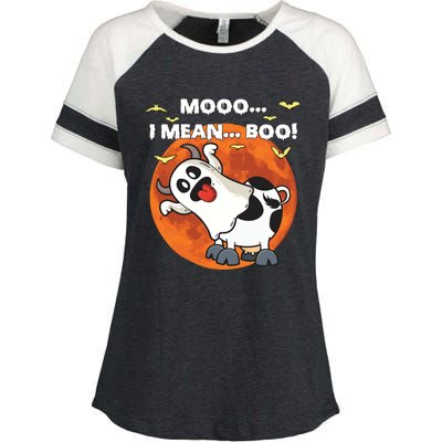 Moo I Mean Boo Ghost Cow Halloween Moon Gift Enza Ladies Jersey Colorblock Tee