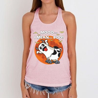 Moo I Mean Boo Ghost Cow Halloween Moon Gift Women's Knotted Racerback Tank