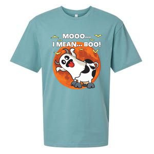 Moo I Mean Boo Ghost Cow Halloween Moon Gift Sueded Cloud Jersey T-Shirt