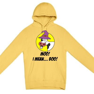 Moo I Mean Boo Cow With Witch Hat Funny Halloween Meaningful Gift Premium Pullover Hoodie