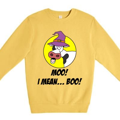 Moo I Mean Boo Cow With Witch Hat Funny Halloween Meaningful Gift Premium Crewneck Sweatshirt