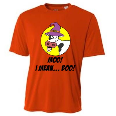 Moo I Mean Boo Cow With Witch Hat Funny Halloween Meaningful Gift Cooling Performance Crew T-Shirt