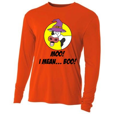 Moo I Mean Boo Cow With Witch Hat Funny Halloween Meaningful Gift Cooling Performance Long Sleeve Crew