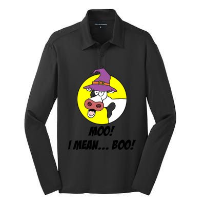 Moo I Mean Boo Cow With Witch Hat Funny Halloween Meaningful Gift Silk Touch Performance Long Sleeve Polo