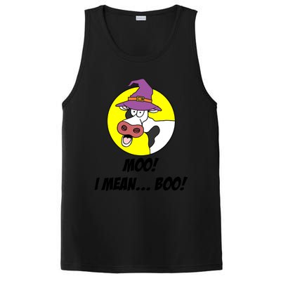 Moo I Mean Boo Cow With Witch Hat Funny Halloween Meaningful Gift PosiCharge Competitor Tank