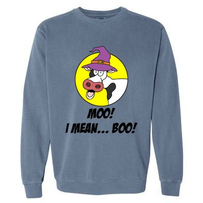 Moo I Mean Boo Cow With Witch Hat Funny Halloween Meaningful Gift Garment-Dyed Sweatshirt