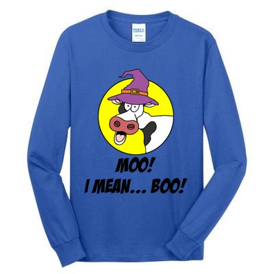 Moo I Mean Boo Cow With Witch Hat Funny Halloween Meaningful Gift Tall Long Sleeve T-Shirt