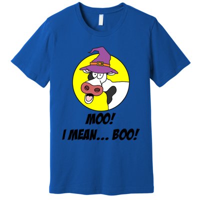 Moo I Mean Boo Cow With Witch Hat Funny Halloween Meaningful Gift Premium T-Shirt