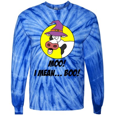 Moo I Mean Boo Cow With Witch Hat Funny Halloween Meaningful Gift Tie-Dye Long Sleeve Shirt