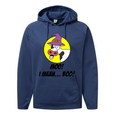 Moo I Mean Boo Cow With Witch Hat Funny Halloween Meaningful Gift Performance Fleece Hoodie