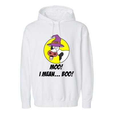 Moo I Mean Boo Cow With Witch Hat Funny Halloween Meaningful Gift Garment-Dyed Fleece Hoodie