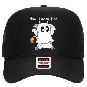 Moo I Mean Boo Ghost Cow Ghost Cow Halloween Farmer High Crown Mesh Back Trucker Hat