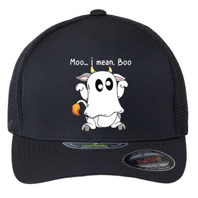 Moo I Mean Boo Ghost Cow Ghost Cow Halloween Farmer Flexfit Unipanel Trucker Cap