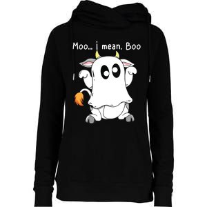 Moo I Mean Boo Ghost Cow Ghost Cow Halloween Farmer Womens Funnel Neck Pullover Hood