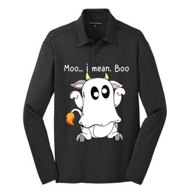 Moo I Mean Boo Ghost Cow Ghost Cow Halloween Farmer Silk Touch Performance Long Sleeve Polo