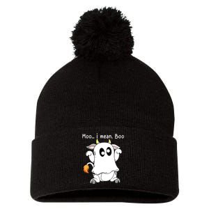 Moo I Mean Boo Ghost Cow Ghost Cow Halloween Farmer Pom Pom 12in Knit Beanie