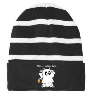 Moo I Mean Boo Ghost Cow Ghost Cow Halloween Farmer Striped Beanie with Solid Band