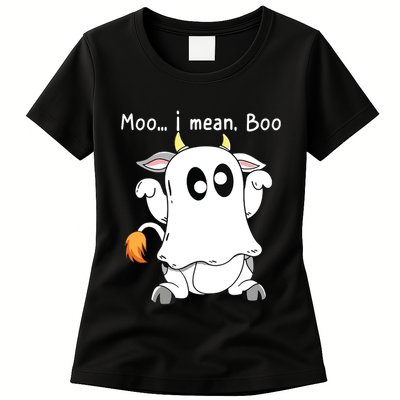 Moo I Mean Boo Ghost Cow Ghost Cow Halloween Farmer Womens T-Shirt