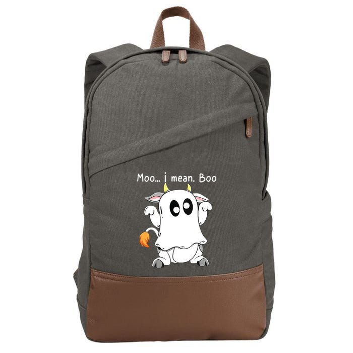 Moo I Mean Boo Ghost Cow Ghost Cow Halloween Farmer Cotton Canvas Backpack