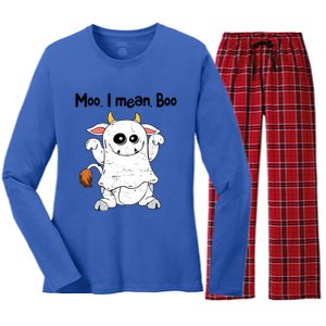 Moo I Mean Boo Ghost Cow Ghost Cow Halloween Great Gift Women's Long Sleeve Flannel Pajama Set 