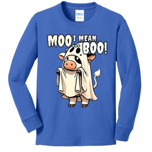 Moo I Mean Boo Funny Cow Ghost Halloween 2024 Costume Gift Kids Long Sleeve Shirt