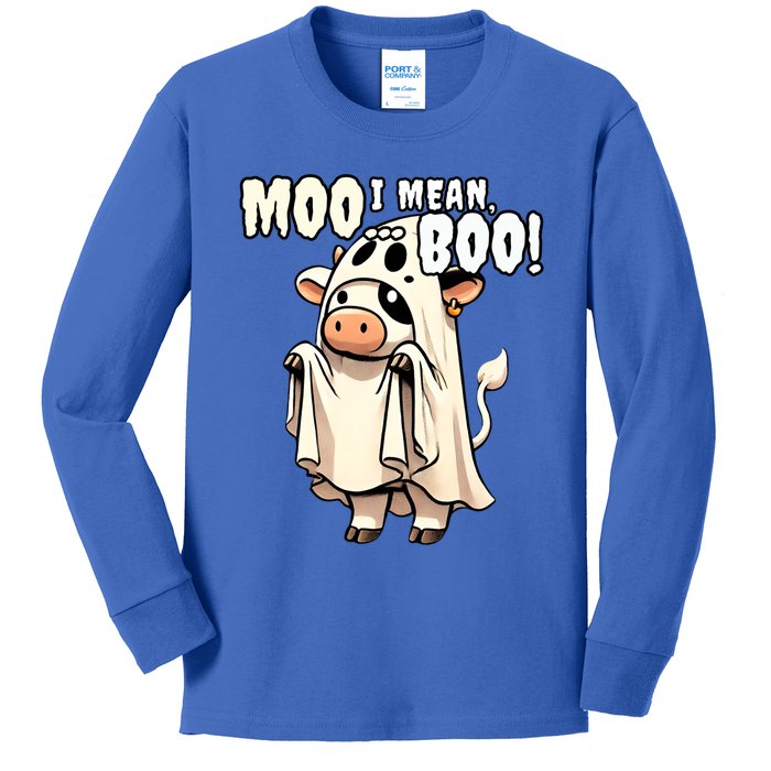 Moo I Mean Boo Funny Cow Ghost Halloween 2024 Costume Gift Kids Long Sleeve Shirt