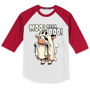 Moo I Mean Boo Funny Cow Ghost Halloween 2024 Costume Gift Kids Colorblock Raglan Jersey