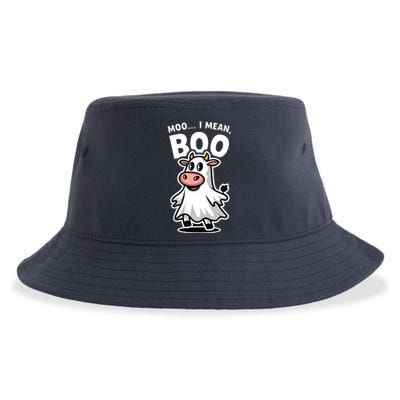 Moo I Mean Boo Cow Ghost Funny Halloween Sustainable Bucket Hat