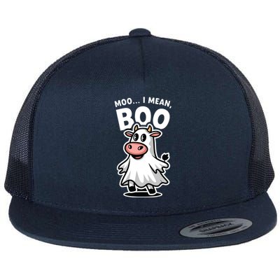 Moo I Mean Boo Cow Ghost Funny Halloween Flat Bill Trucker Hat