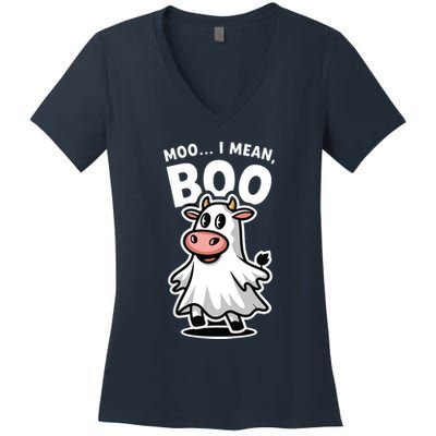 Moo I Mean Boo Cow Ghost Funny Halloween Women's V-Neck T-Shirt