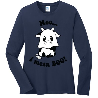 Moo I Mean Boo Cute Ghost Cow Funny Halloween Women Ladies Long Sleeve Shirt