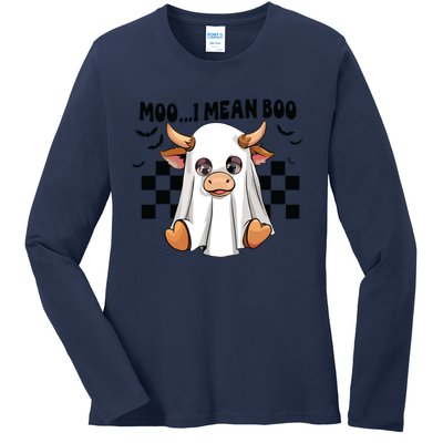 Moo I Mean Boo Ghost Cow Funny Halloween Costume Cow Lover Ladies Long Sleeve Shirt