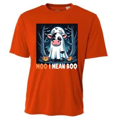 Moo I Mean Boo Ghost Cow Funny Halloween Lover Spooky Cow Long Sleeve Cooling Performance Crew T-Shirt