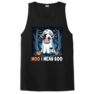 Moo I Mean Boo Ghost Cow Funny Halloween Lover Spooky Cow Long Sleeve PosiCharge Competitor Tank