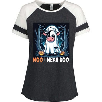 Moo I Mean Boo Ghost Cow Funny Halloween Lover Spooky Cow Long Sleeve Enza Ladies Jersey Colorblock Tee