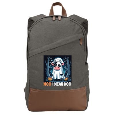 Moo I Mean Boo Ghost Cow Funny Halloween Lover Spooky Cow Long Sleeve Cotton Canvas Backpack