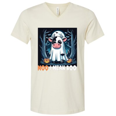 Moo I Mean Boo Ghost Cow Funny Halloween Lover Spooky Cow Long Sleeve V-Neck T-Shirt