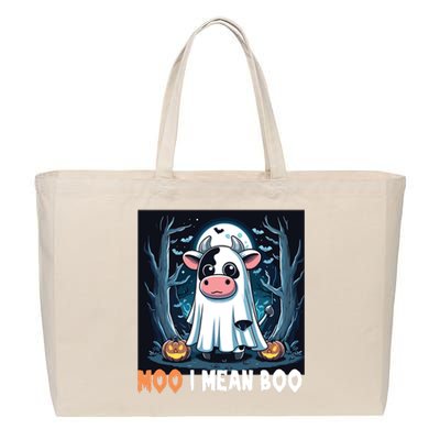 Moo I Mean Boo Ghost Cow Funny Halloween Lover Spooky Cow Long Sleeve Cotton Canvas Jumbo Tote