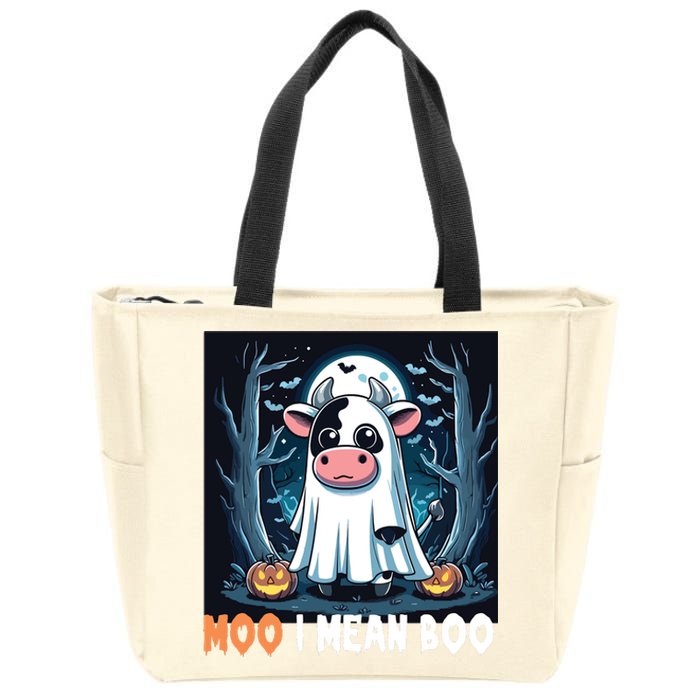 Moo I Mean Boo Ghost Cow Funny Halloween Lover Spooky Cow Long Sleeve Zip Tote Bag