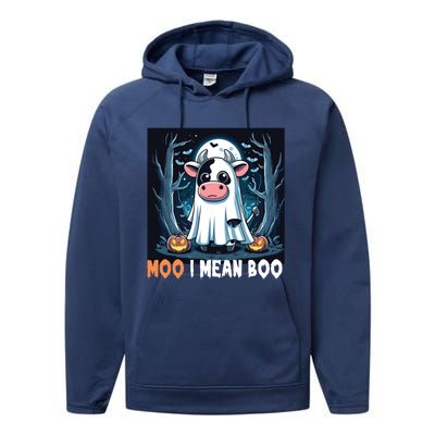 Moo I Mean Boo Ghost Cow Funny Halloween Lover Spooky Cow Long Sleeve Performance Fleece Hoodie