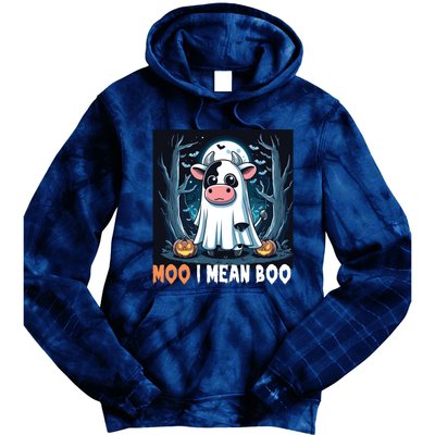 Moo I Mean Boo Ghost Cow Funny Halloween Lover Spooky Cow Long Sleeve Tie Dye Hoodie