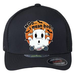 Moo I Mean Booo Cute Cow Ghost Halloween Gift Flexfit Unipanel Trucker Cap