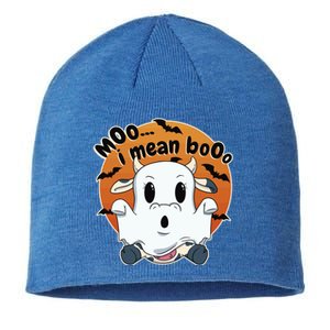 Moo I Mean Booo Cute Cow Ghost Halloween Gift Sustainable Beanie