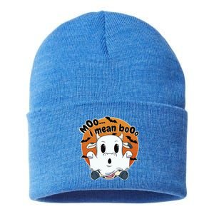 Moo I Mean Booo Cute Cow Ghost Halloween Gift Sustainable Knit Beanie