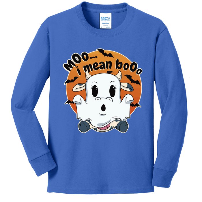 Moo I Mean Booo Cute Cow Ghost Halloween Gift Kids Long Sleeve Shirt