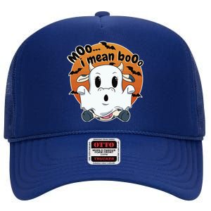 Moo I Mean Booo Cute Cow Ghost Halloween Gift High Crown Mesh Back Trucker Hat